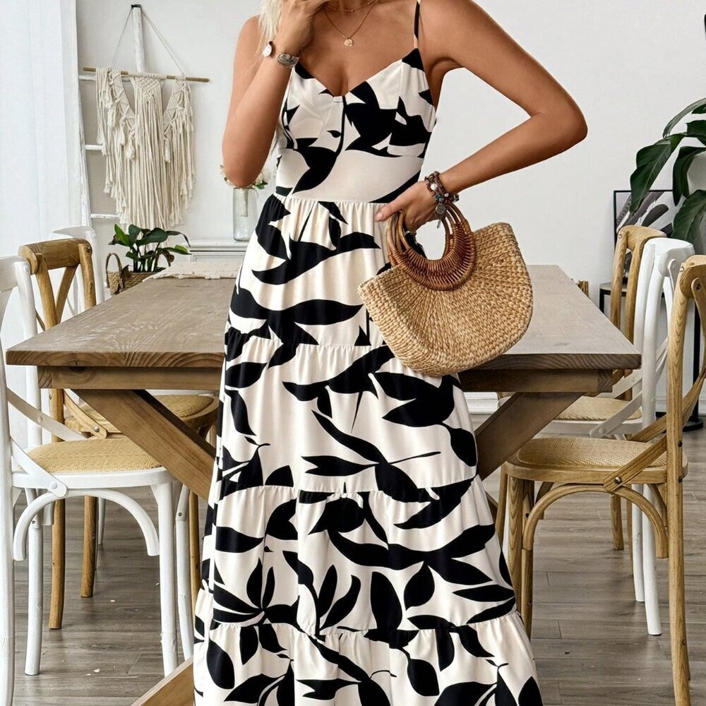 Apricot Boho Women's Printed Holiday Strap Dress With Tie - Picture 4 of 6